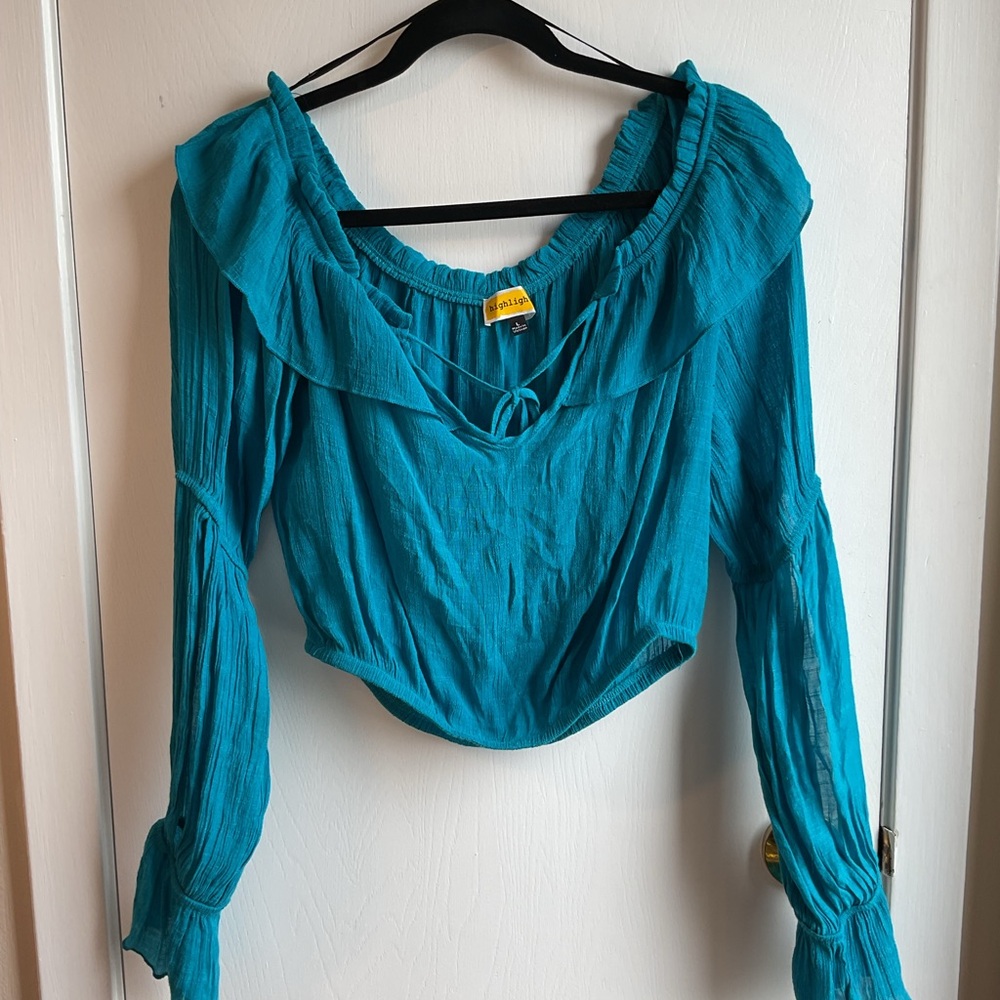 Zara Blue Ruffled Crop Blouse with Tie Front